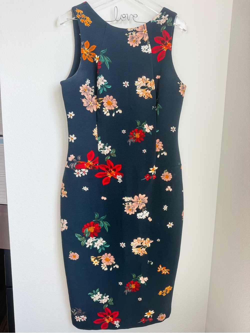 Zara Navy Midi Dress with Red, Pink & Orange Floral Print